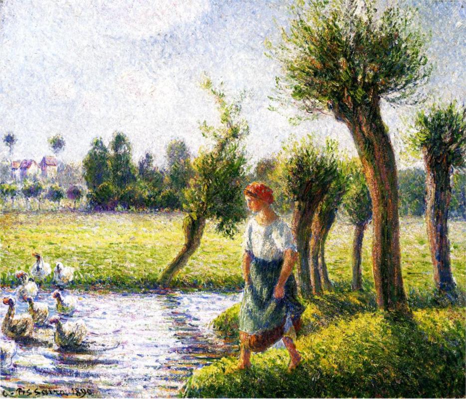 Peasant Woman Watching the Geese - Camille Pissarro Paintings